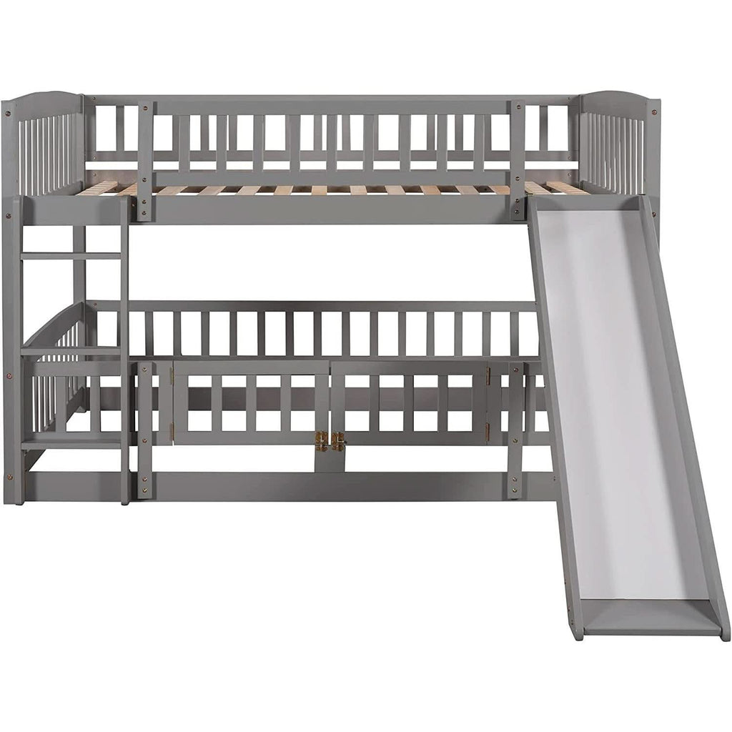 Gray Bunk Bed With Slide And Ladder For Kids Bedroom