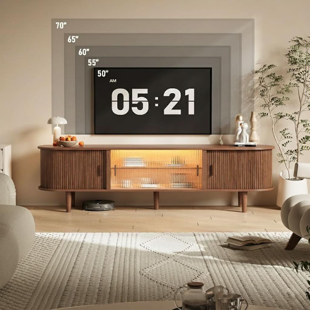 70 Inch Walnut TV Entertainment Center With LED Lighting