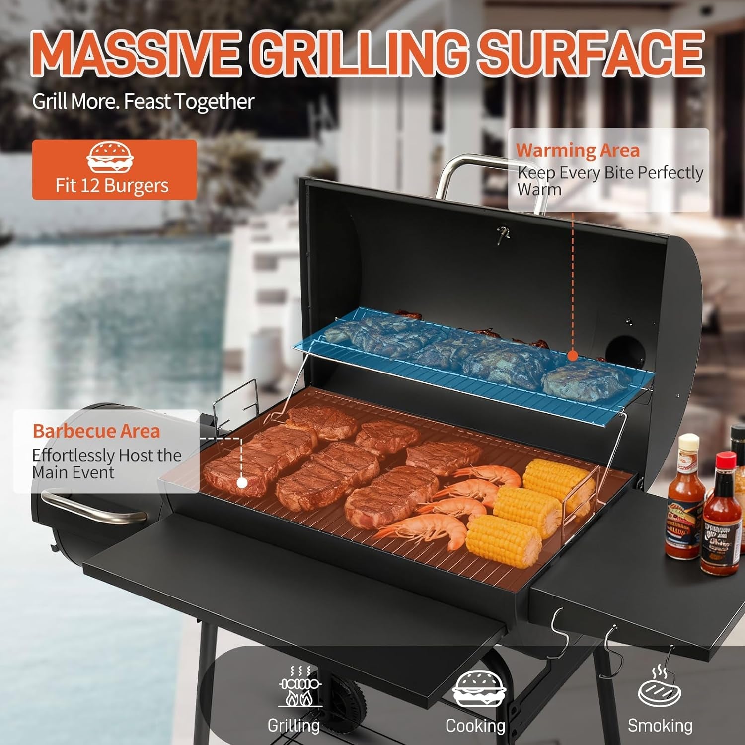 Barrel Charcoal Grill With Offset Smoker Large Capacity
