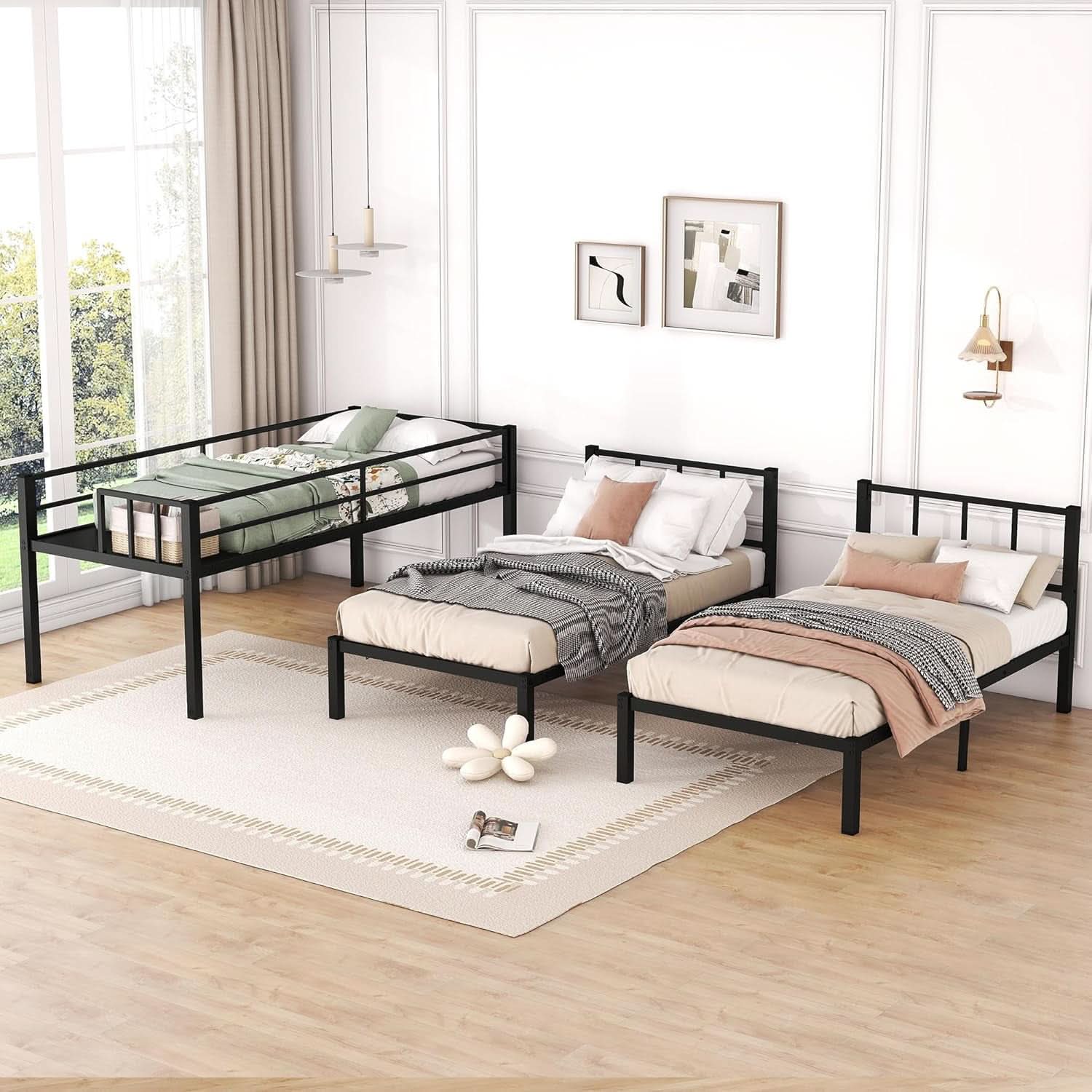 Triple Bunk Bed For Three Kids Built In Desk Black