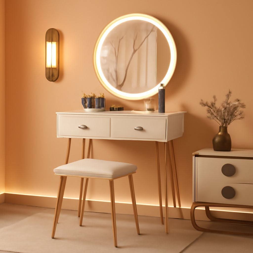Makeup Vanity Desk White Goldtone Illuminating Mirror