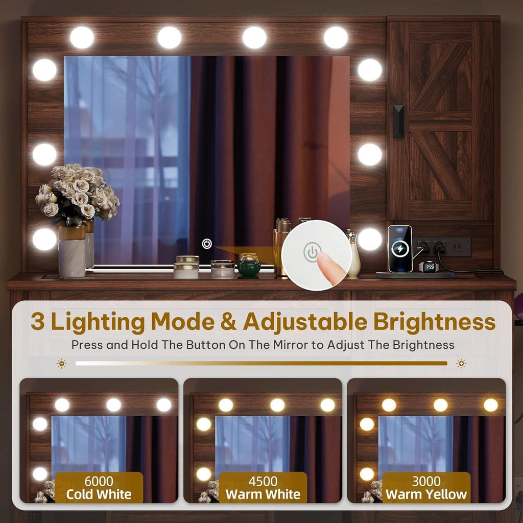 Contemporary Rustic Brown Vanity Desk With Lighting