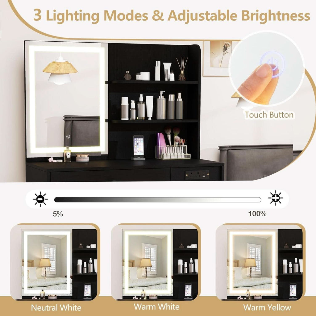 Black Adjustable LED Vanity Desk with Mirror and Charging