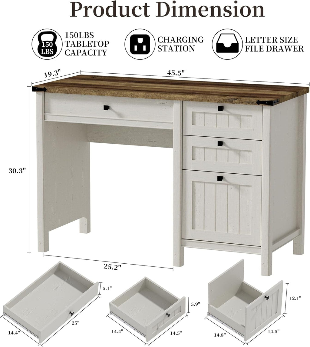 Antique White 45 Inch Farmhouse Computer Desk With Drawers