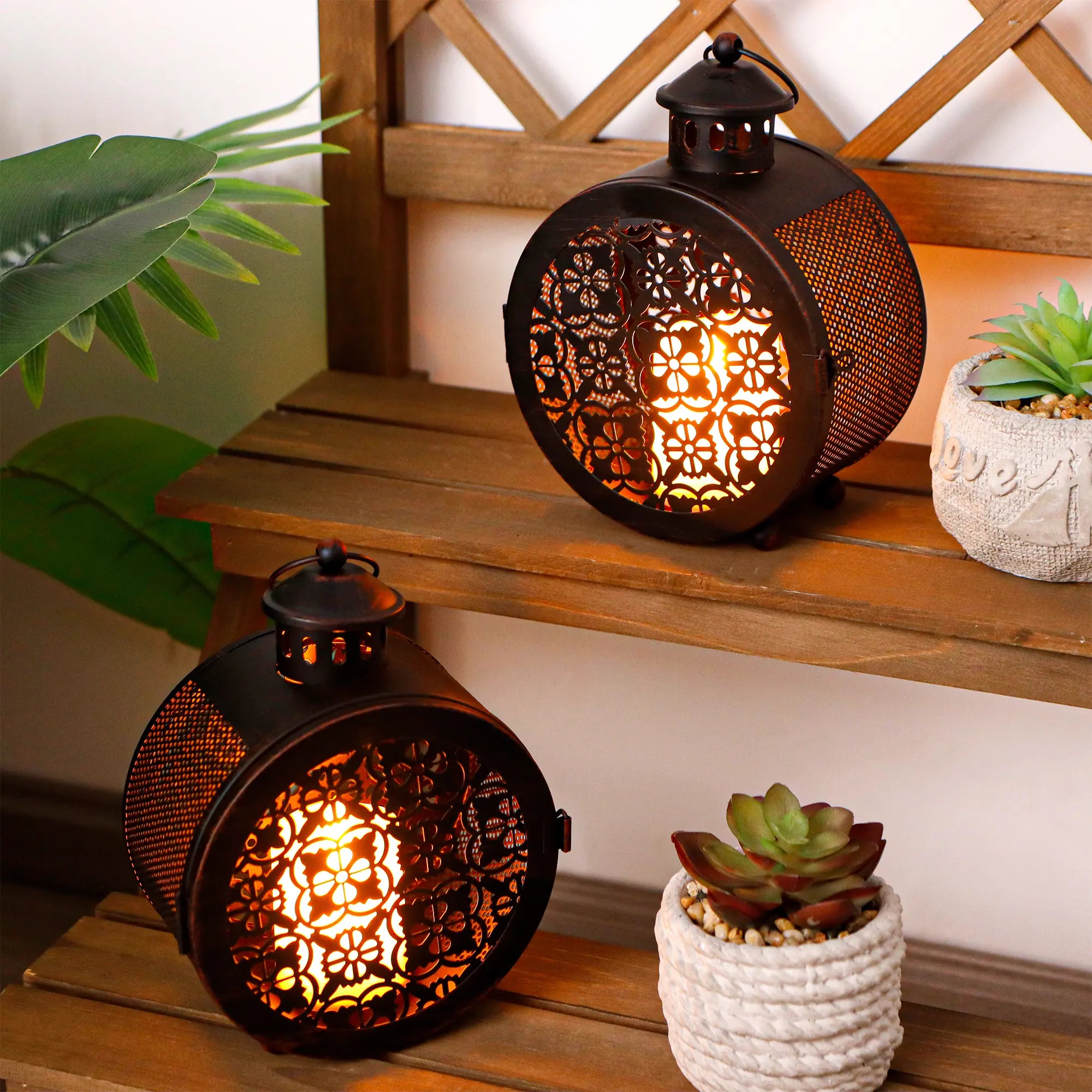 Set of 2 Round Vintage Metal Candle Lanterns 7.5" H