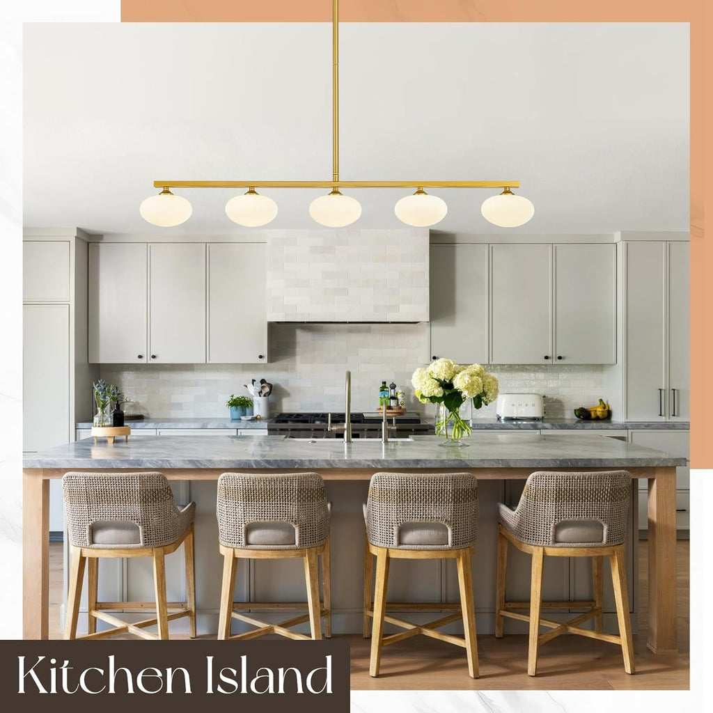 Golden Linear Midcentury Chandelier Quintuple Globes