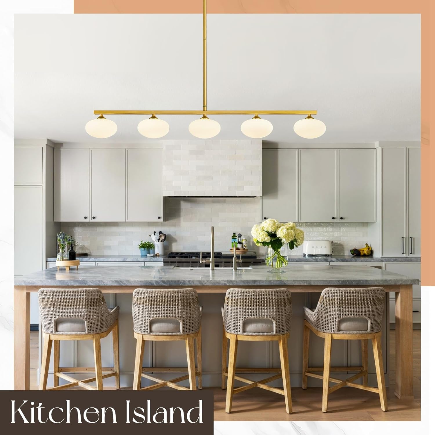 Golden Linear Midcentury Chandelier Quintuple Globes