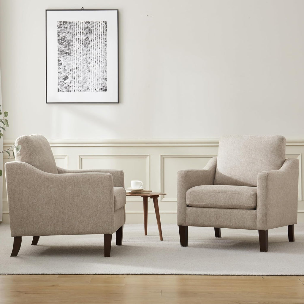 Brown Upholstered Armchairs With Polished Wooden Legs