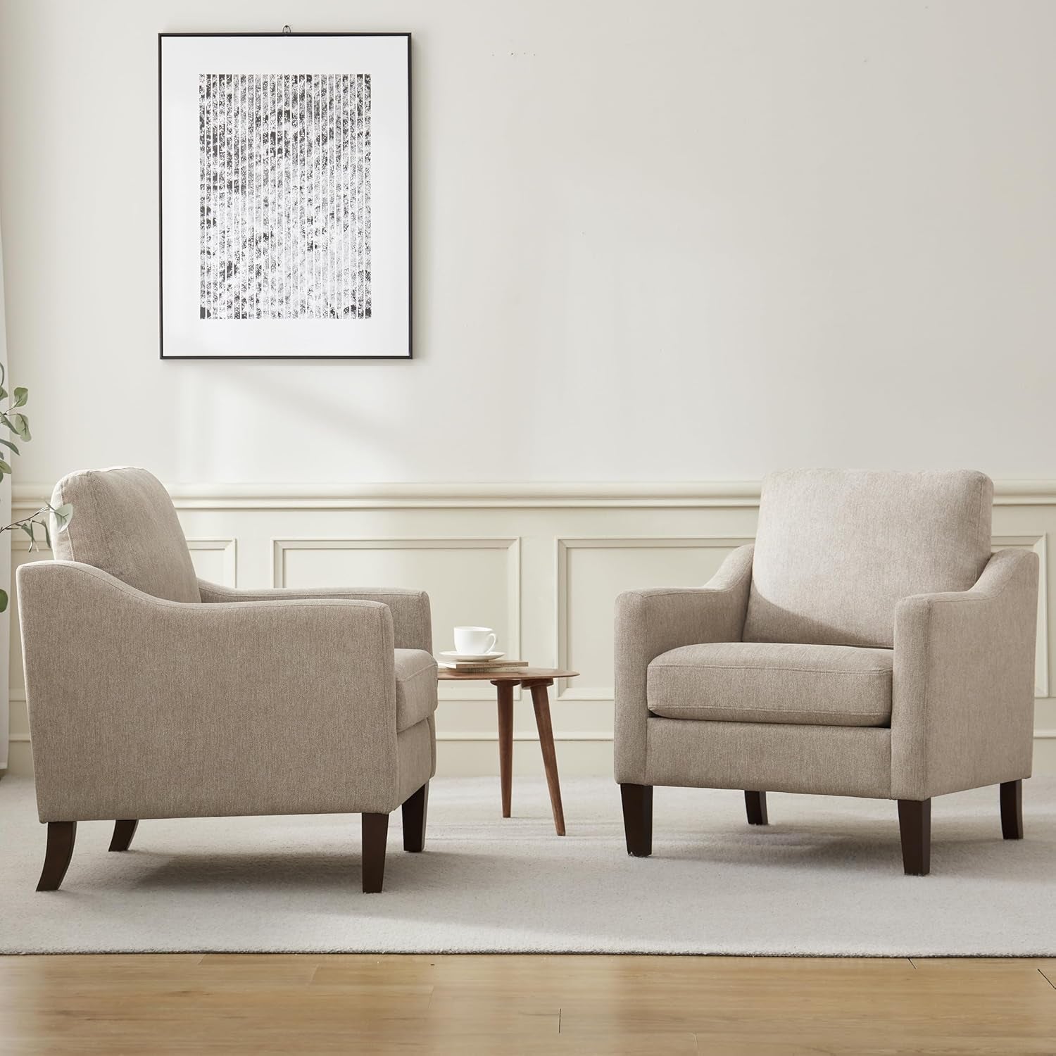 Brown Upholstered Armchairs With Polished Wooden Legs
