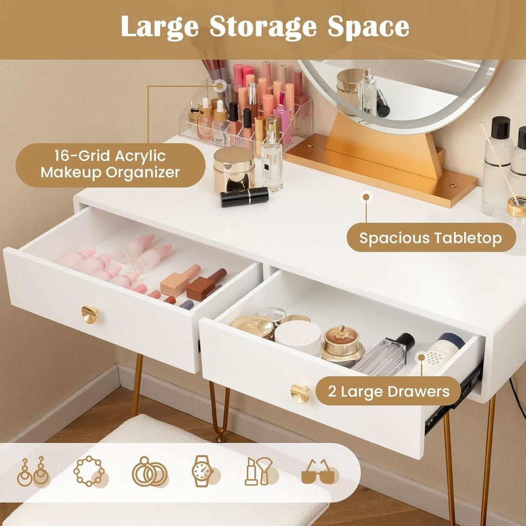 Makeup Vanity Desk White Goldtone Illuminating Mirror