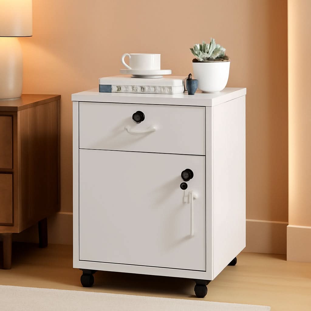 White Mobile File Cabinet With Lockable Drawer And Door