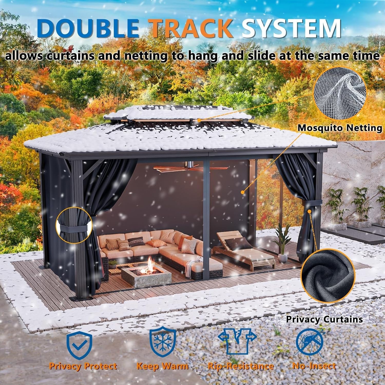 10x15 Black Hardtop Gazebo Equipped Curtains Netting