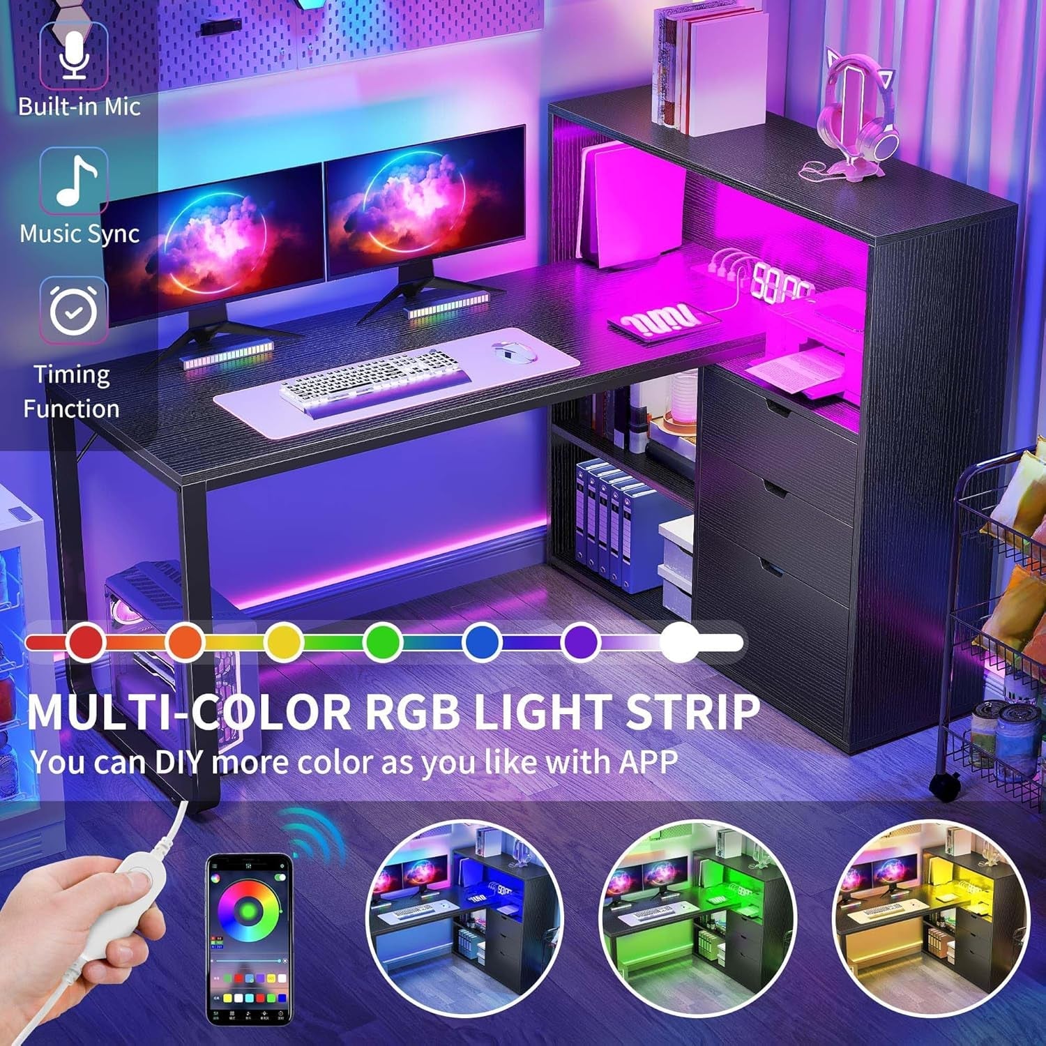 55 Inch L Shaped Desk With Integrated LED Outlets And Shelves