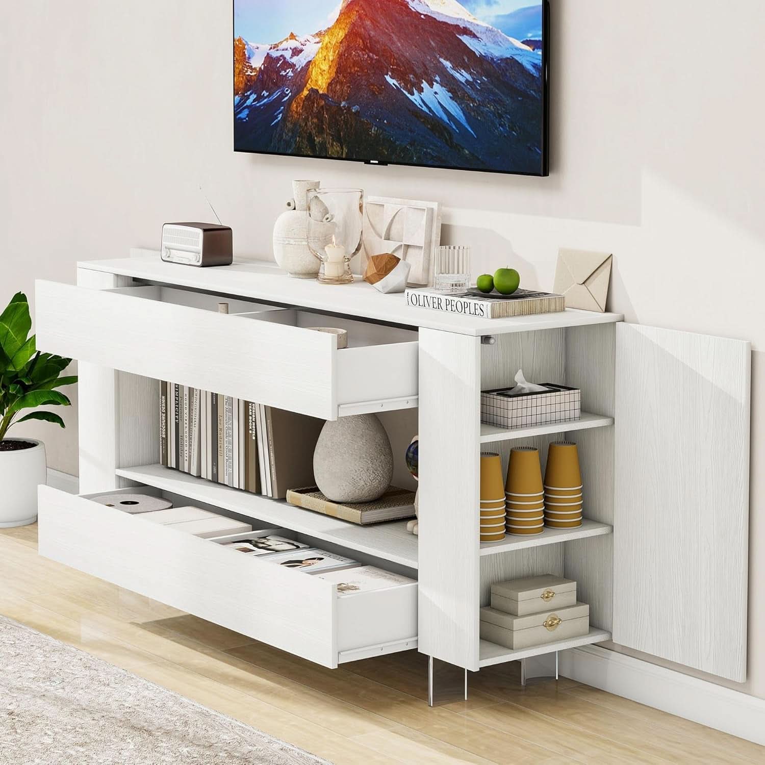 65 Inch TV Stand With White Entertainment Center Storage