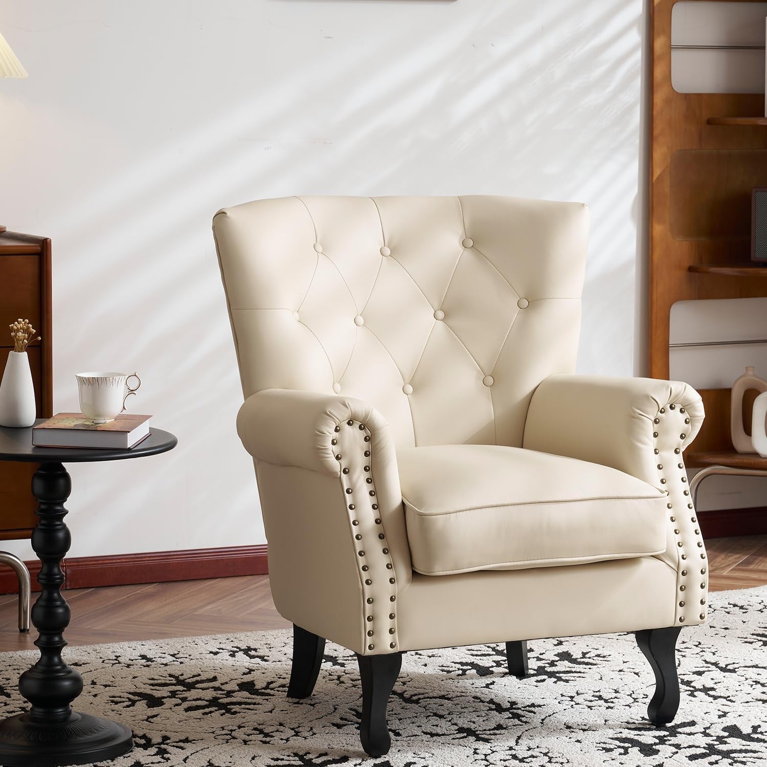 Ivory White Luxurious PU Leather Wingback Armchair