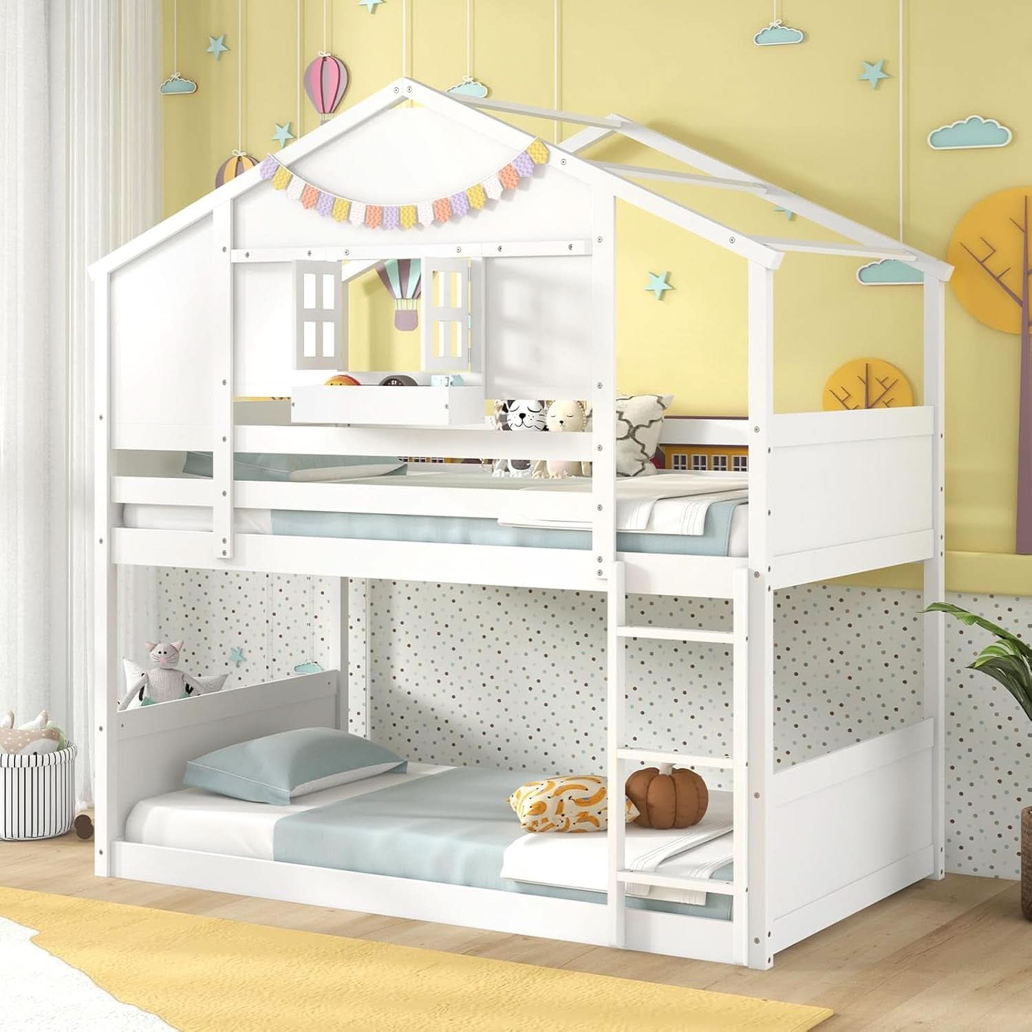 Twin Over Twin White Wood House Bunk Bed For Kids Room