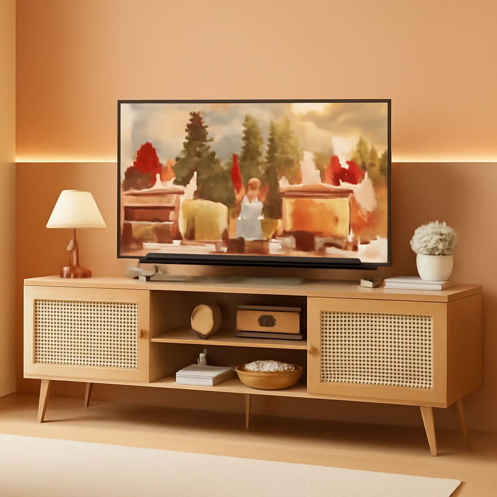 65 Inch Boho TV Stand With Rattan Entertainment Center