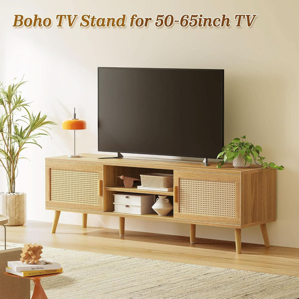 65 Inch Boho TV Stand With Rattan Entertainment Center