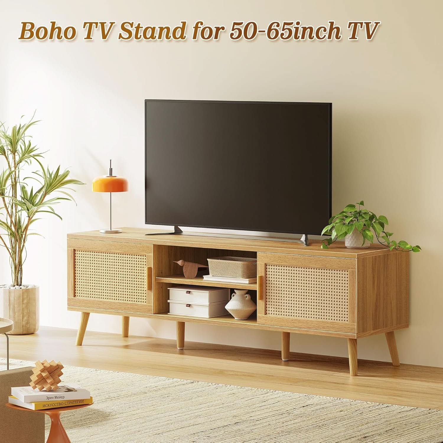 65 Inch Boho TV Stand With Rattan Entertainment Center