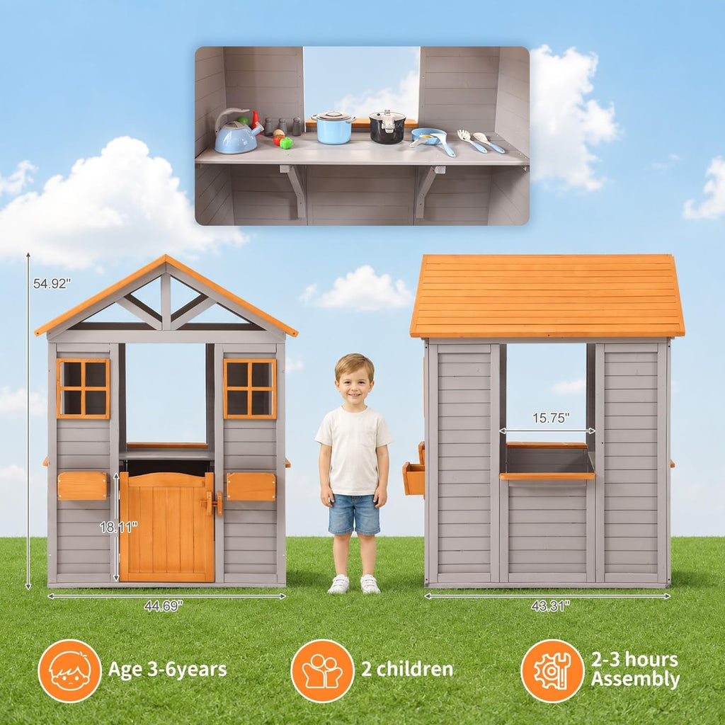 Wooden Kids Playhouse With Brown Weatherproof Kitchen