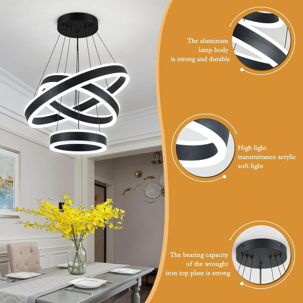 Black Adjustable LED Three Ring Pendant Light Fixture