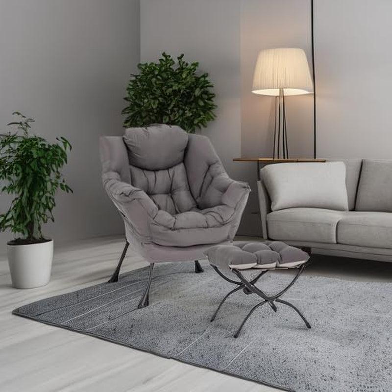 Dark Grey Velveteen Upholstered Ottoman Lounge Chair