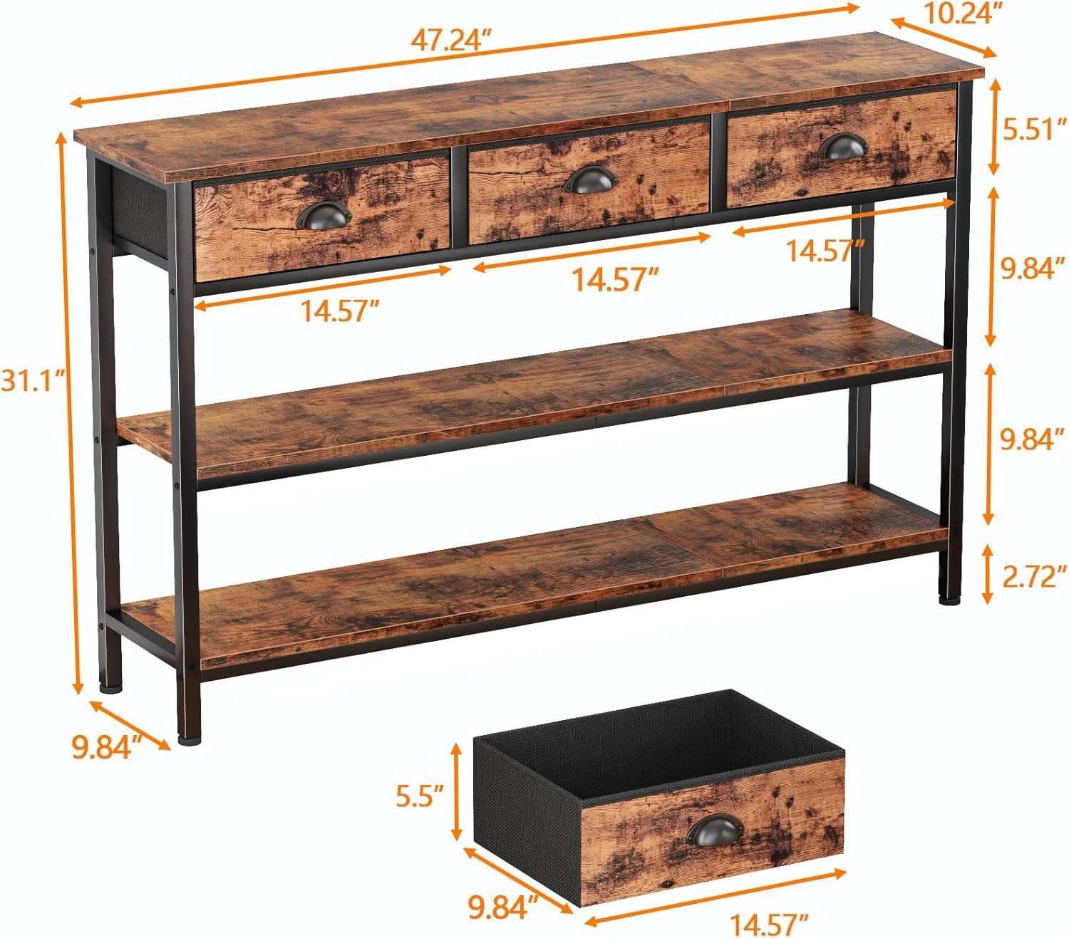 47-Inch Rustic Brown Console Table with 3 Drawers and Storage Shelves