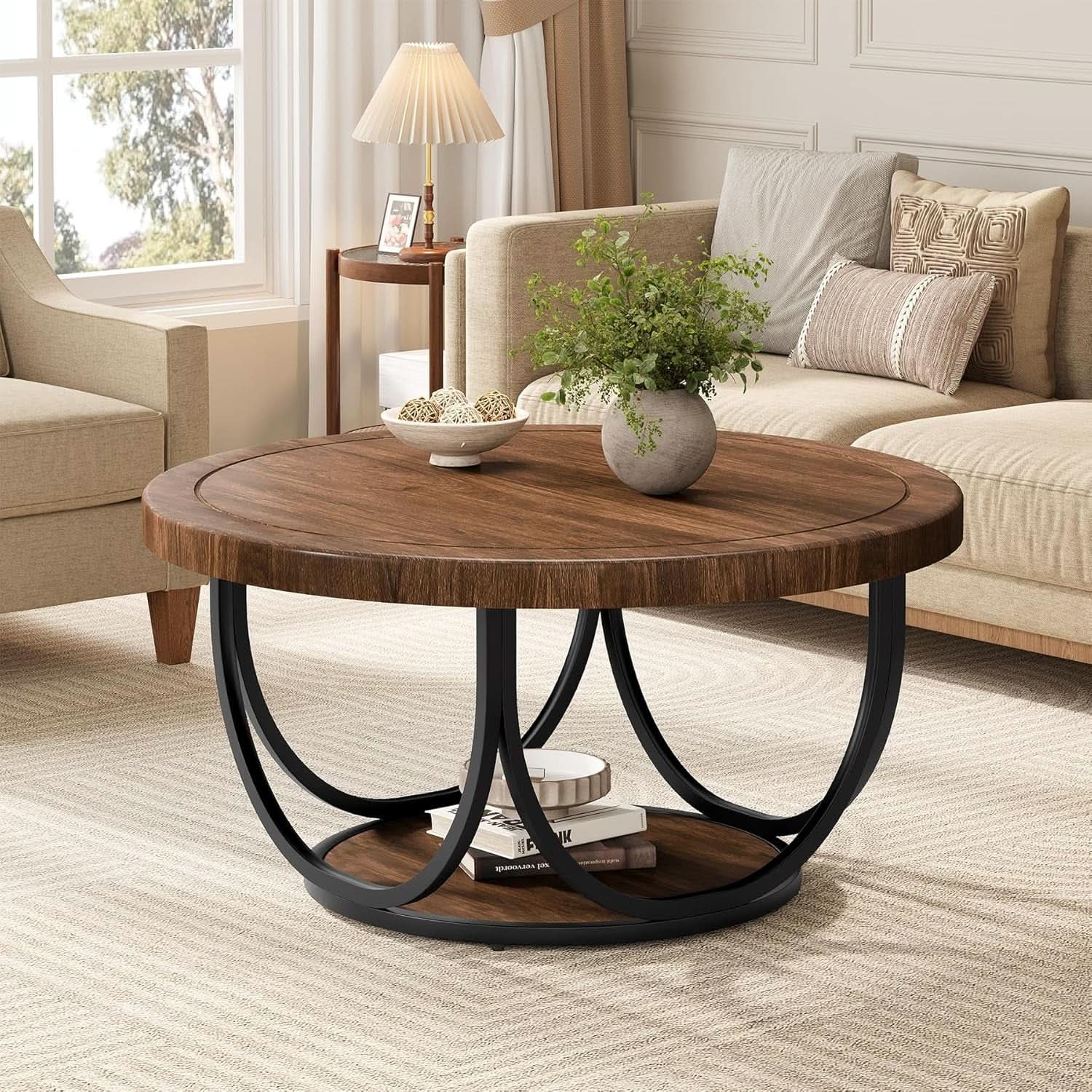 Round Coffee Table 33 Inch Brown Black Industrial Frame