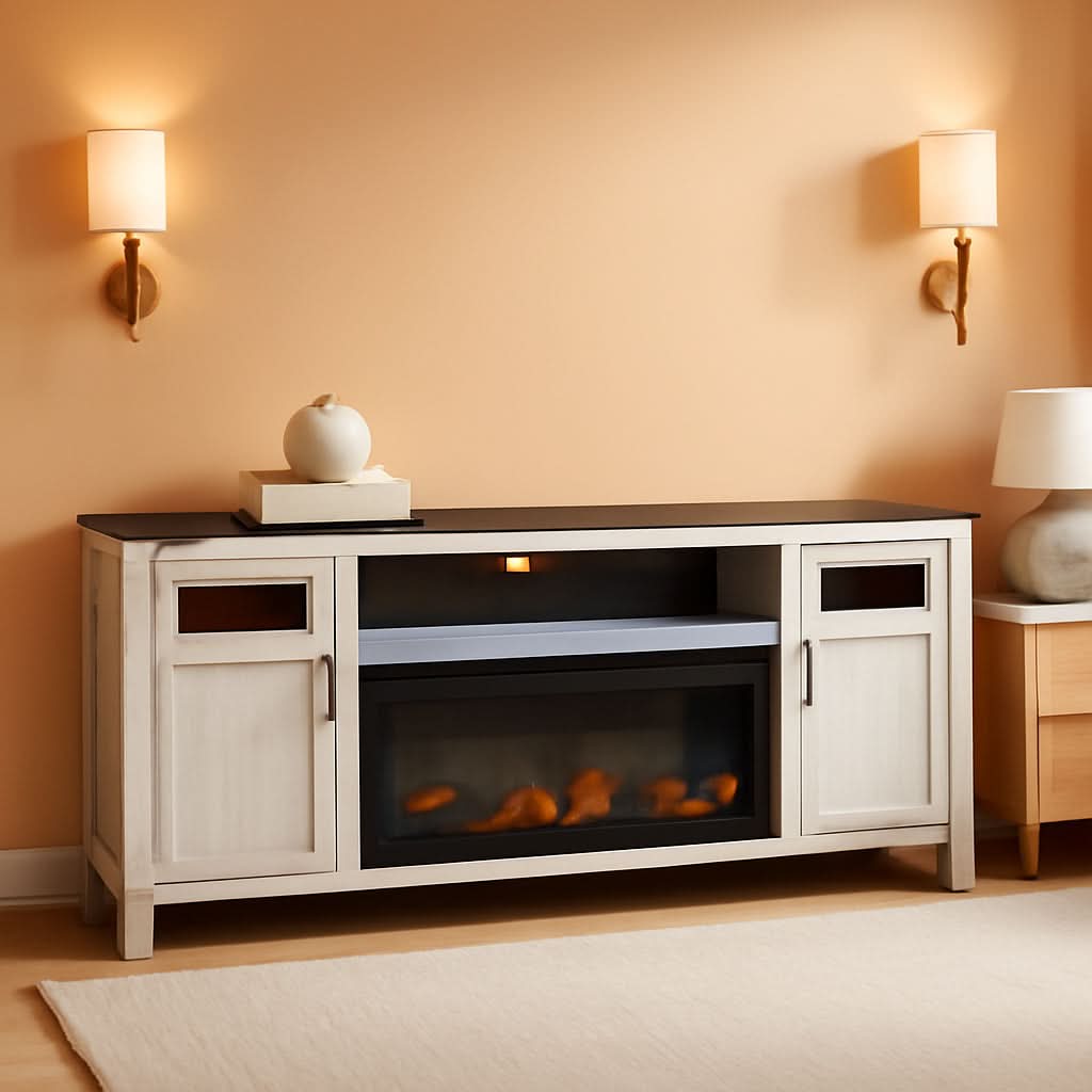 Darborn 88 Inch TV Stand Light Gray Dark Brown Electric Fire place