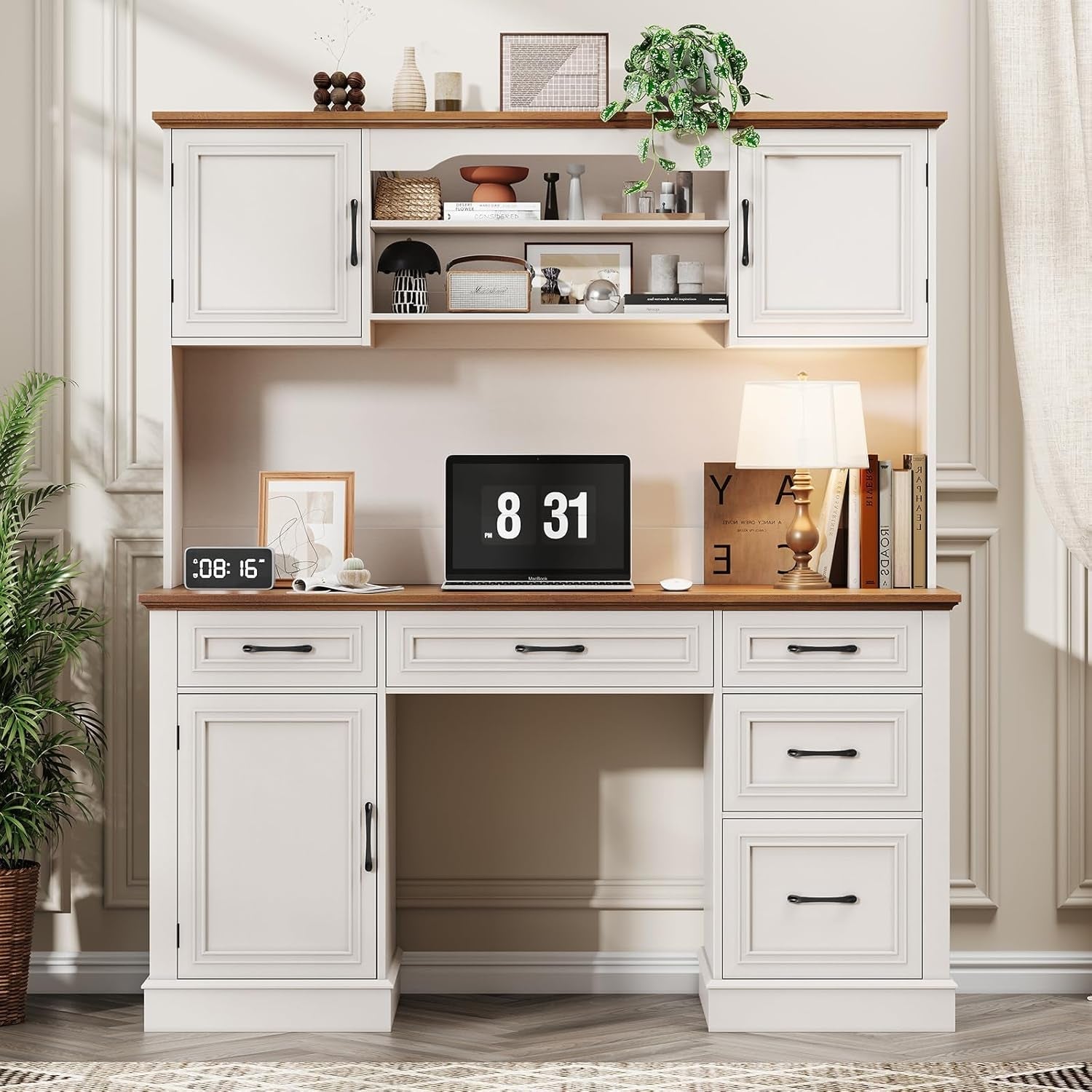 White 67Inch Rustic Farmhouse Executive Desk Hutch