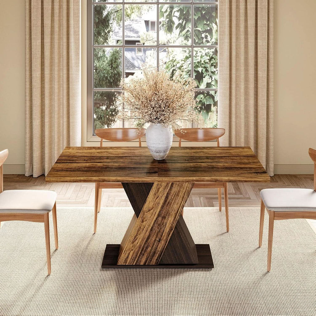 55 Inch Walnut Solid Industrial Dining Table Seats Six