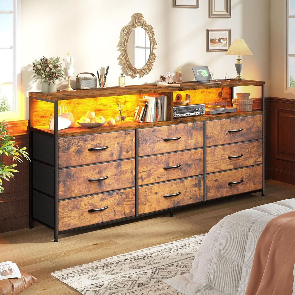 55 Inch Rustic Brown 9-Drawer Entertainment Dresser