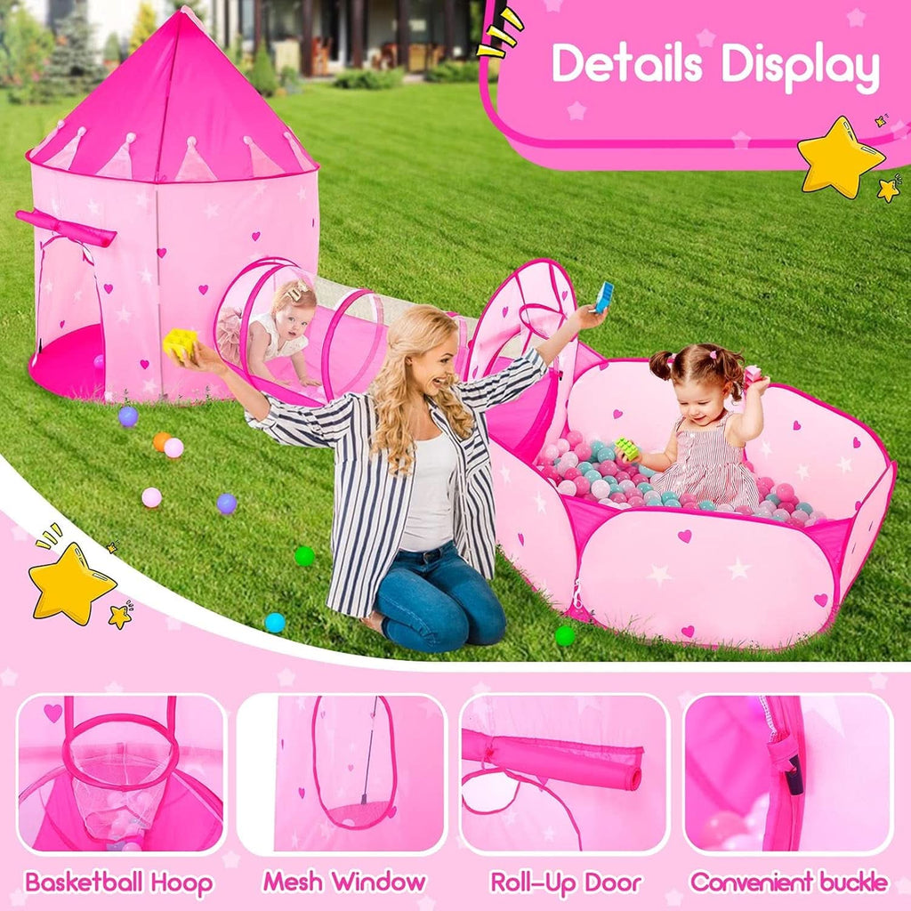 Pink 3in1 Kids Play Tent Set With Ball Pit And Tunnel