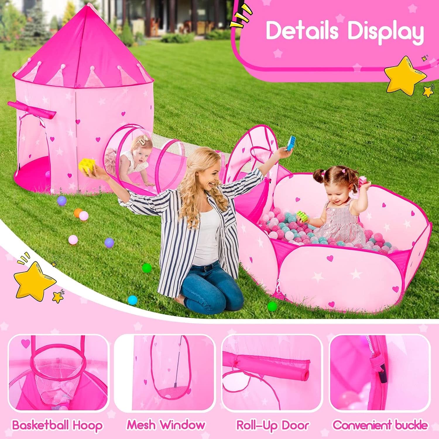 Pink 3in1 Kids Play Tent Set With Ball Pit And Tunnel