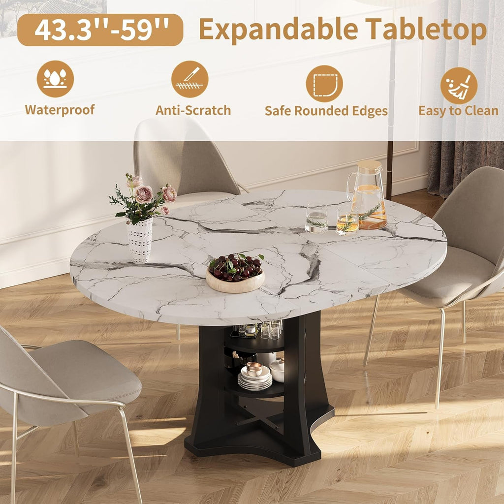 Extendable Dining Table 43 To 59 White Faux Marble Oval