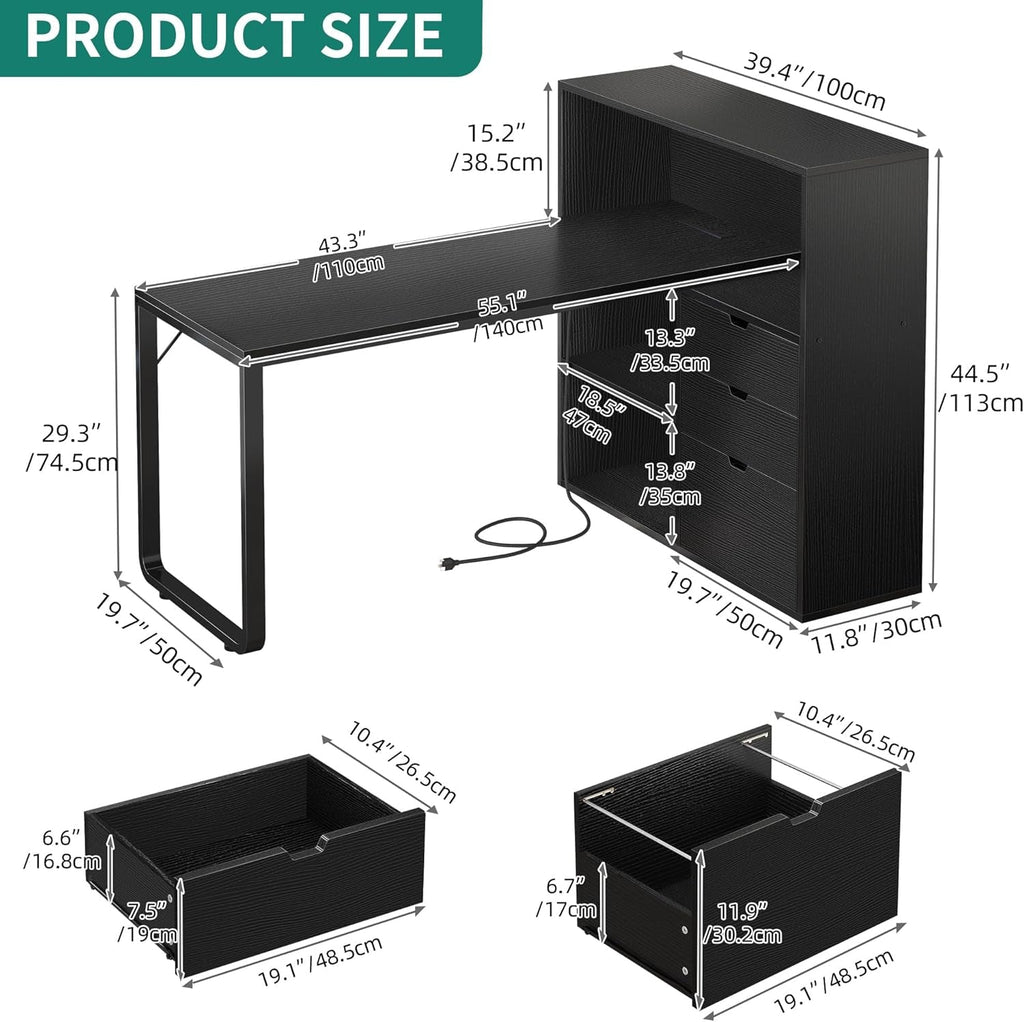 55 Inch L Shaped Desk With Integrated LED Outlets And Shelves