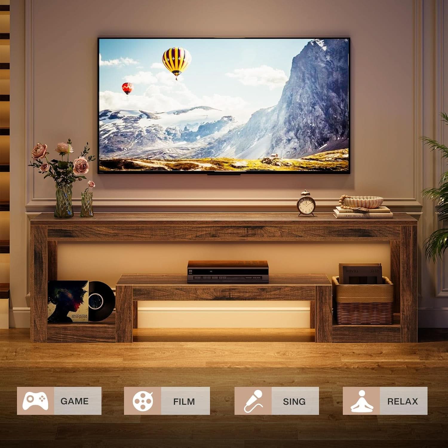 63 Inch Farmhouse Rustic Walnut TV Entertainment Unit