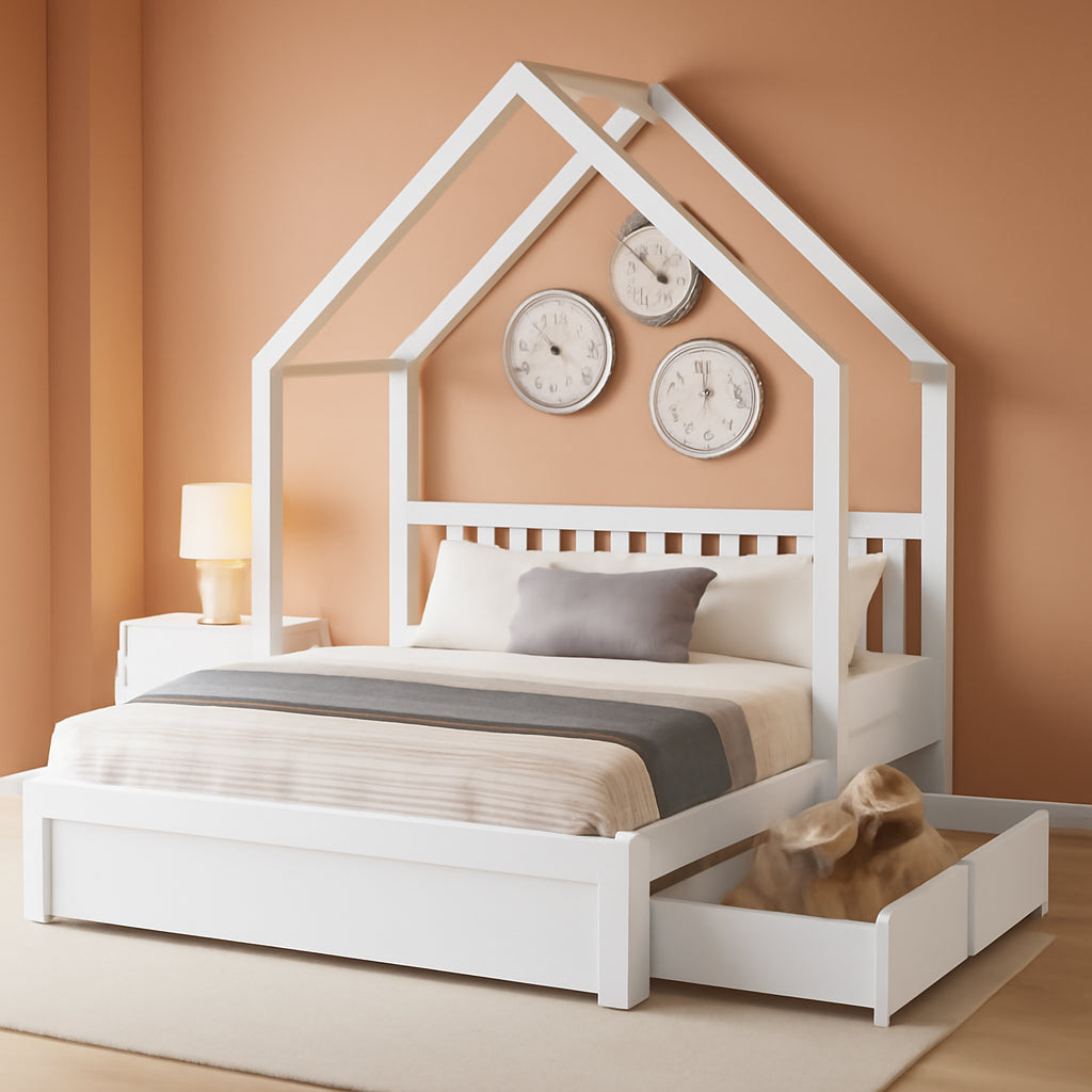 Queen Size House Bed Frame With Under Bed Storage Drawers