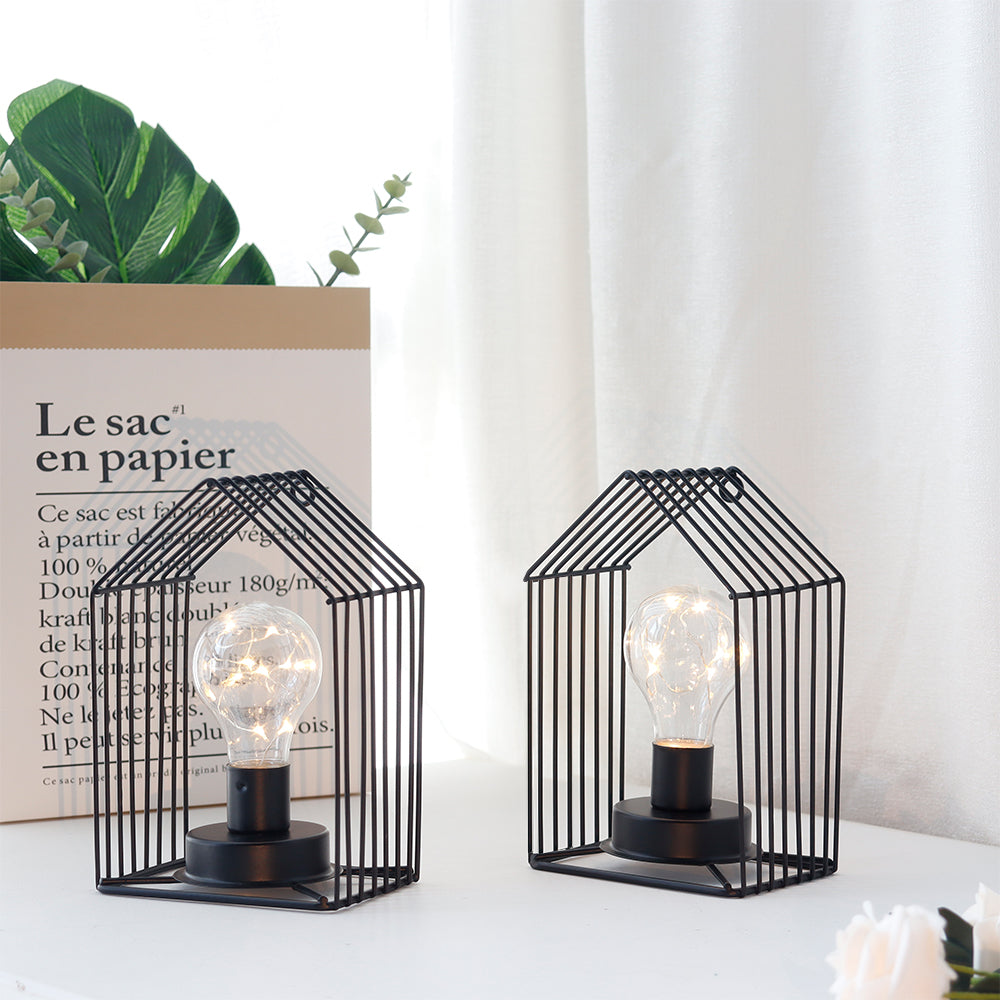 Set of 2 7''H Vintage Cage Hanging Cordless Lamps with 6-Hours Timer (Black)