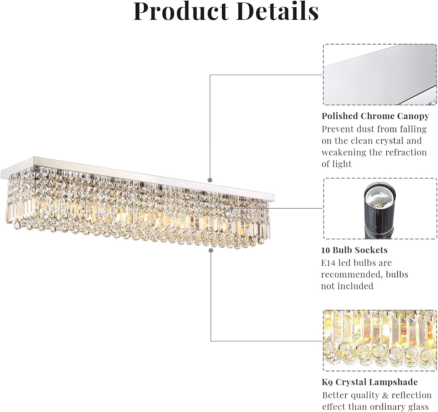 Rectangular Crystal Chandelier 10 Lights Chrome Fixture