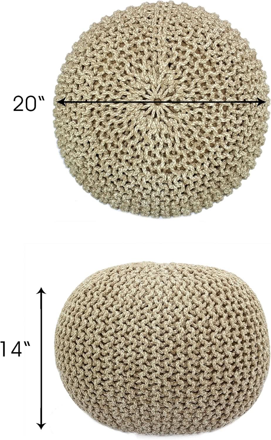 Hand Knitted Tweed Cable Pouf Ottoman, Natural, 20 Inch Diameter