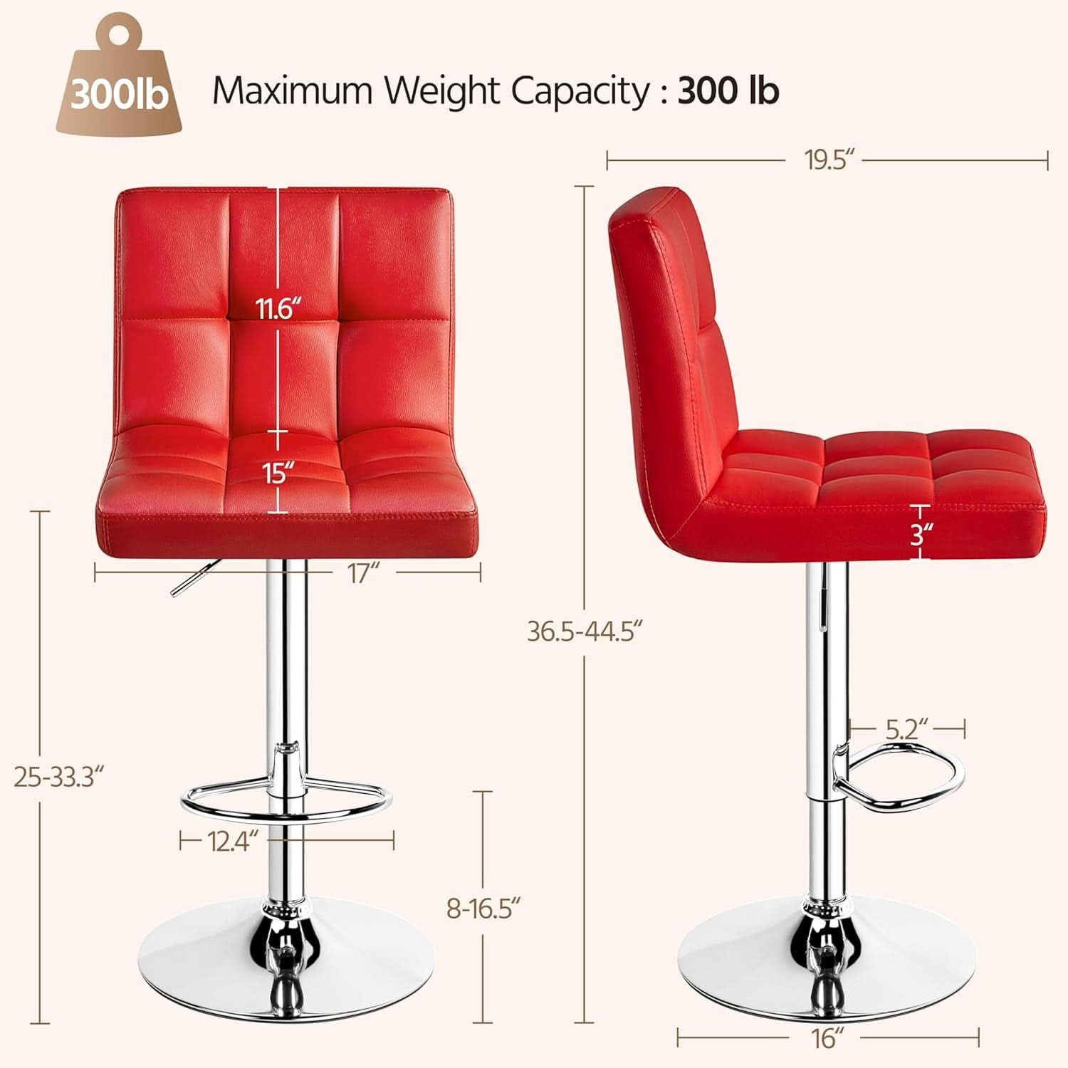 Red Adjustable PU Leather Swivel Bar Stools Set Of 2