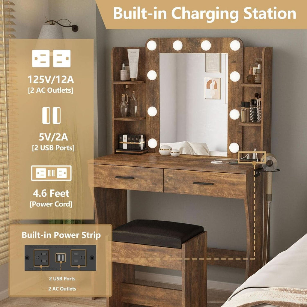 Contemporary Rustic Brown Vanity Desk With Lighting