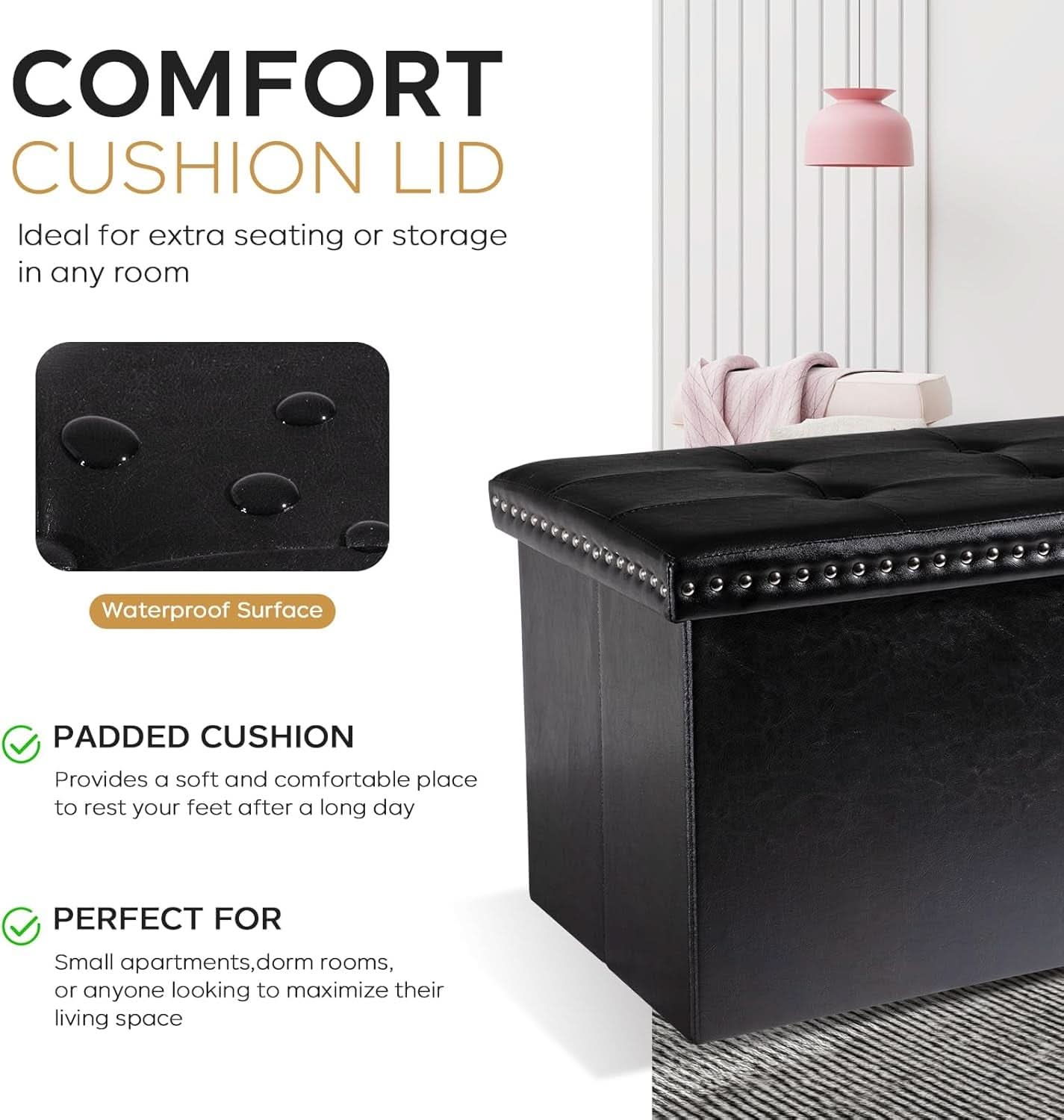 Faux Leather Folding Storage Ottoman 30 Inch Size Black