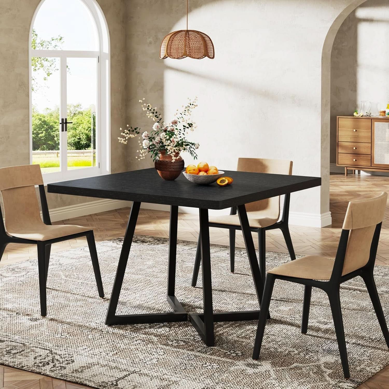 Square 31.5 Inch Industrial Dining Table Black Wood Panels