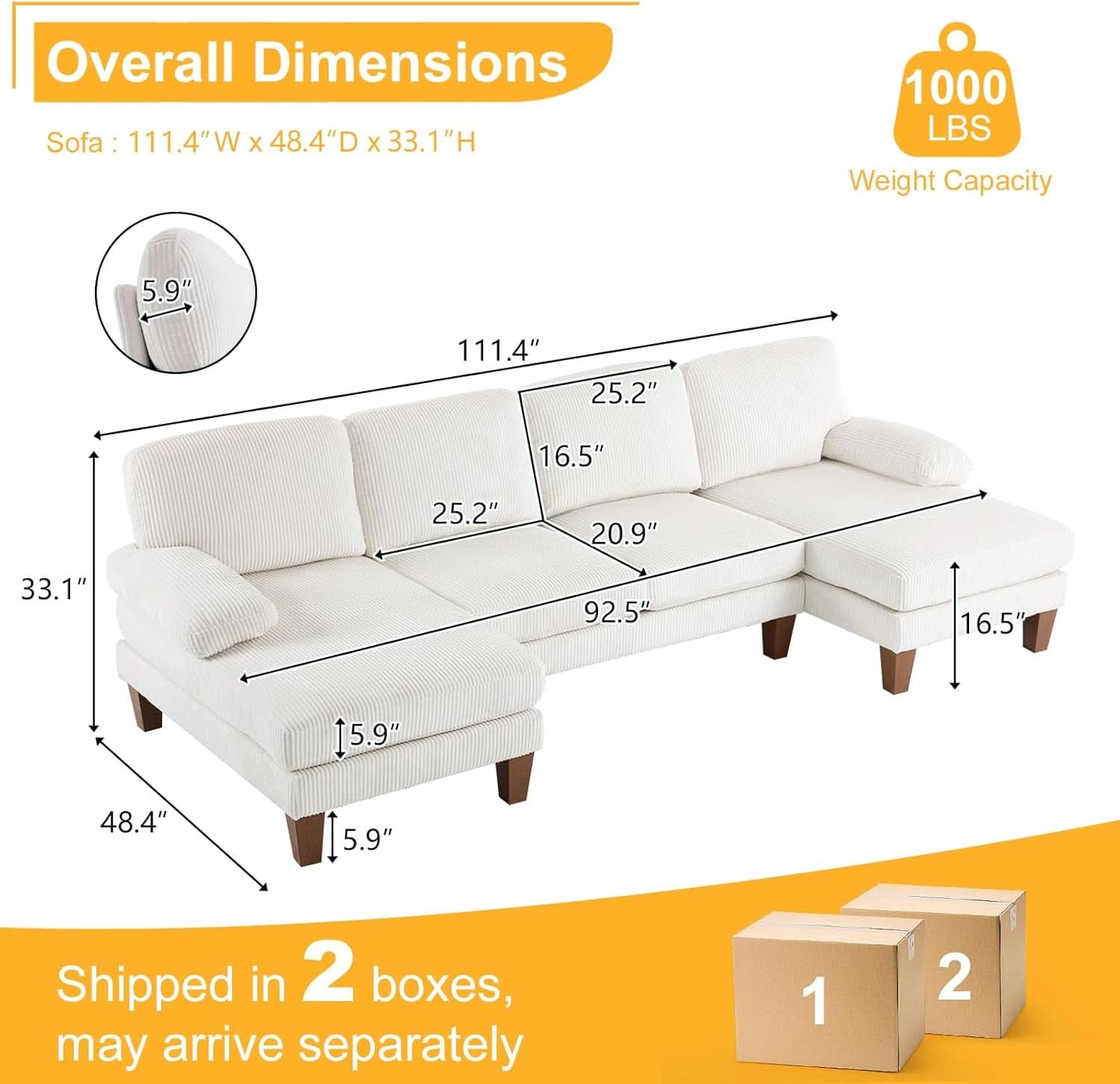 Beige 111 Inch U Shape Corduroy Sectional Sofa With Chaises