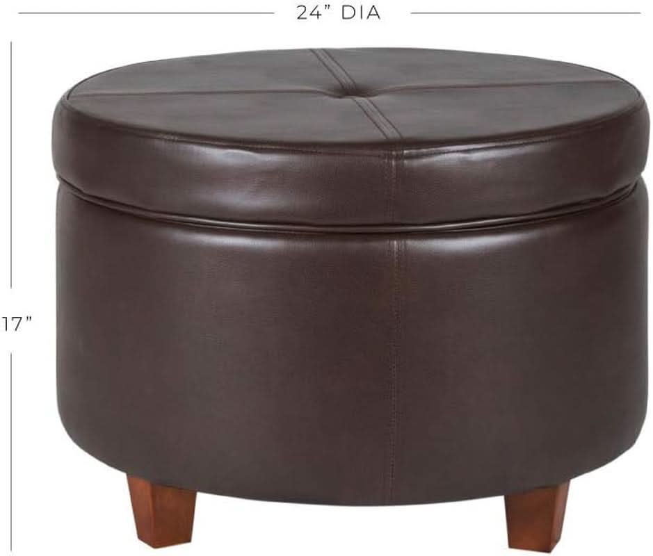Round Leatherette Storage Ottoman Chocolate Brown Large