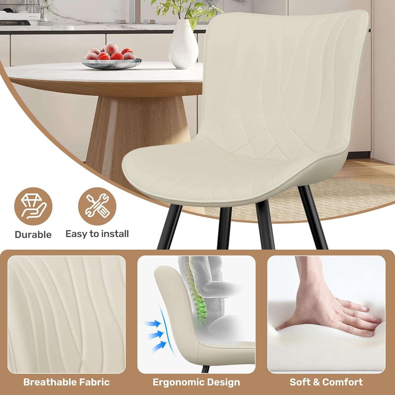 Beige Upholstered PU Leather Space Saving Ergonomic Dining Chair Set