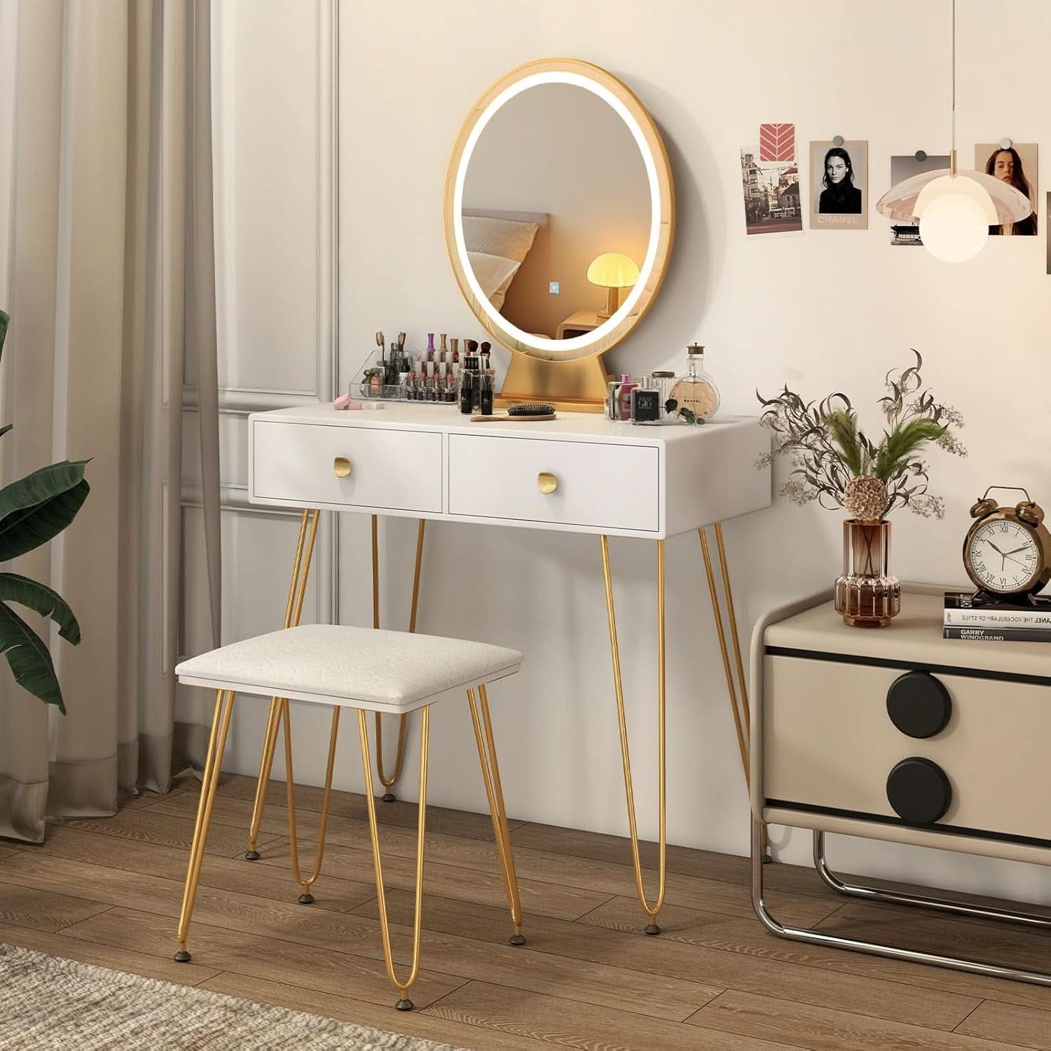 Makeup Vanity Desk White Goldtone Illuminating Mirror