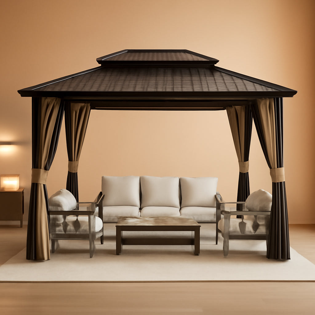 10x12 Hardtop Aluminum Gazebo With Netting Sandstone